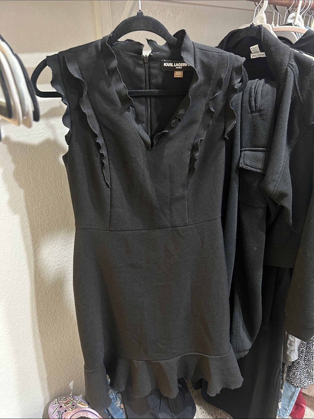 Karl Lagerfeld Black Ruffle-Trim V-Neck Dress
